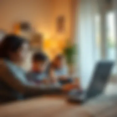 A parent working on a laptop at home while children play nearby, showing the challenge of balancing family and work responsibilities.