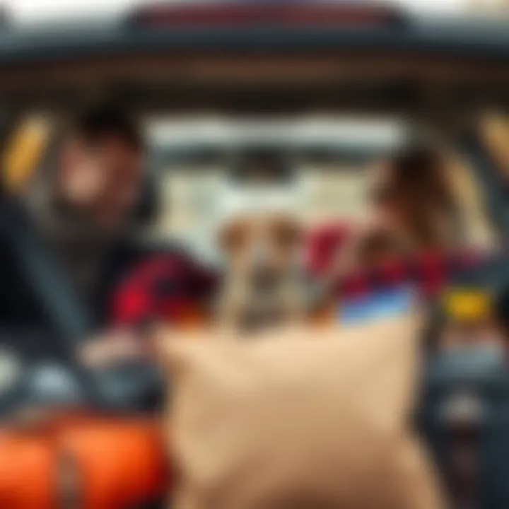 A family packing their car for an 865-mile drive home for Thanksgiving, with a small puppy in the backseat, surrounded by luggage and snacks.