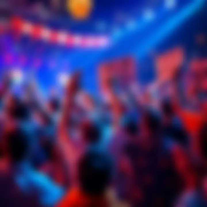 A group of enthusiastic fans cheering and holding signs, showing their excitement for the upcoming event, surrounded by colorful decorations