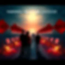 A reflective scene showing a group of people looking somberly at a path filled with road signs representing bad decisions.