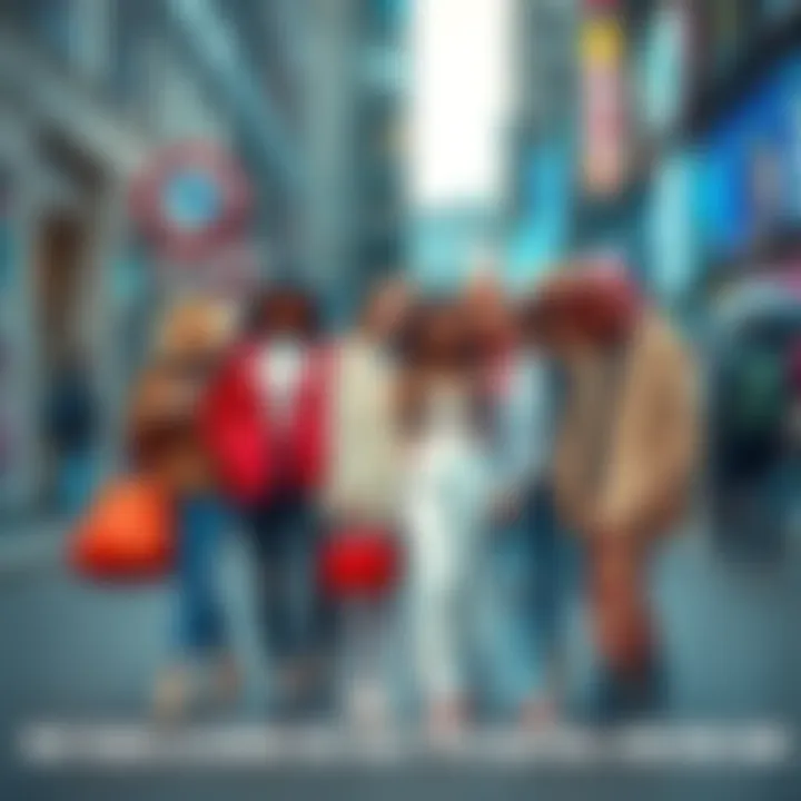 Group of people showcasing trendy outfits in an urban setting, highlighting popular fashion styles.