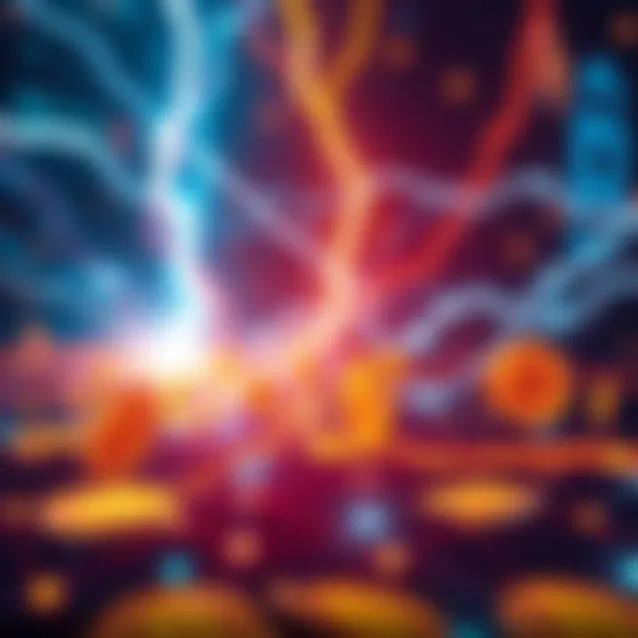 A visual representation of quick Bitcoin transactions using the Lightning Network, showing digital currency flowing rapidly through a network.
