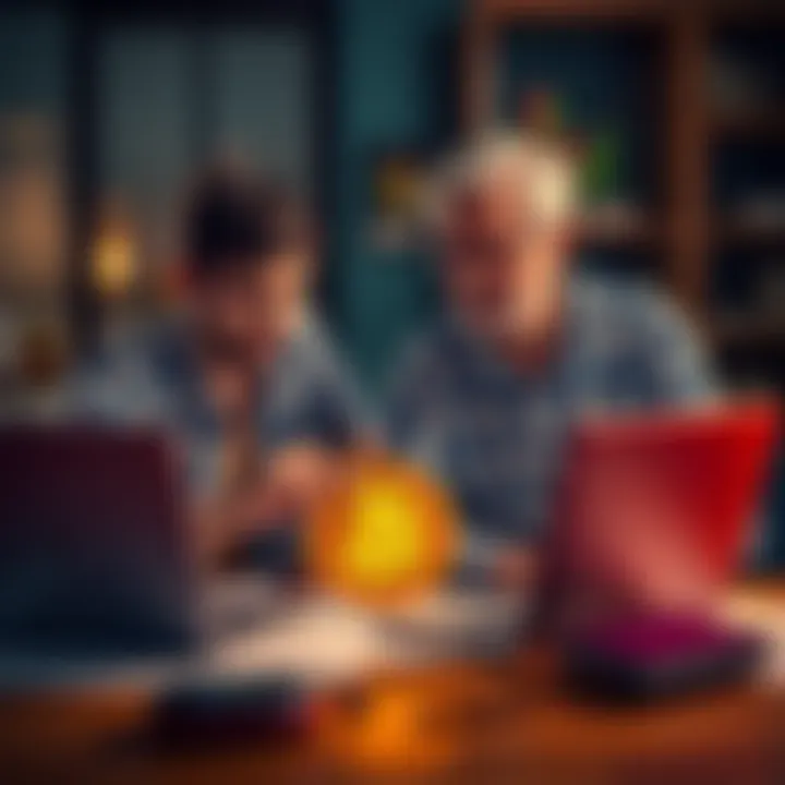 A young man explaining Bitcoin investment to his father, both looking engaged at a table with a laptop and charts