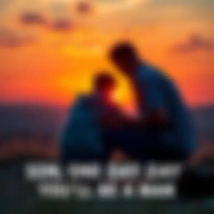 A father kneeling beside his son as they look at a sunset together, symbolizing growth and guidance.