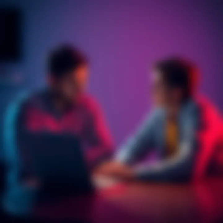 A father and child sitting at a table, looking at a laptop screen with Bitcoin charts, engaged in a conversation about investing in cryptocurrency.