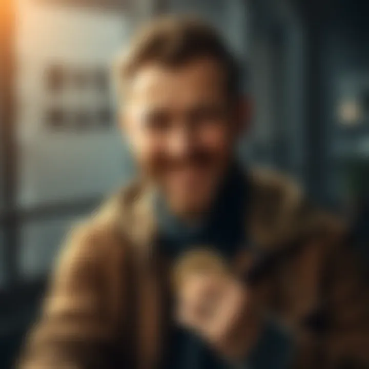 A father smiling while holding a Bitcoin coin, symbolizing his investment for his children's future during tough economic times.