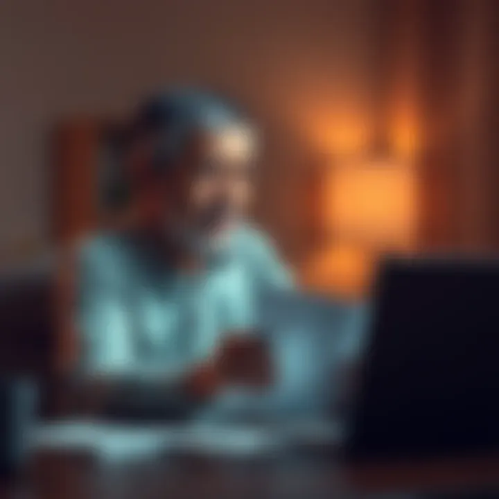 A concerned father sitting at a desk with a laptop, reviewing financial statements, looking distressed over a recent account hack.
