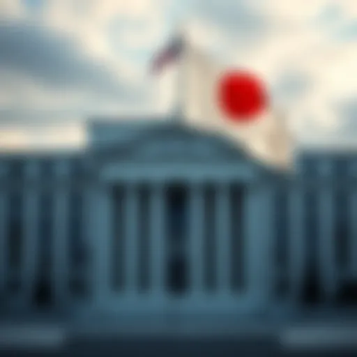 Graphic showing the Federal Reserve building and Japan's flag, symbolizing collaboration on economic matters