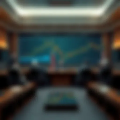 A group of financial experts discussing interest rates in a formal meeting room against a backdrop of economic charts, reflecting concerns over the Iran conflict.