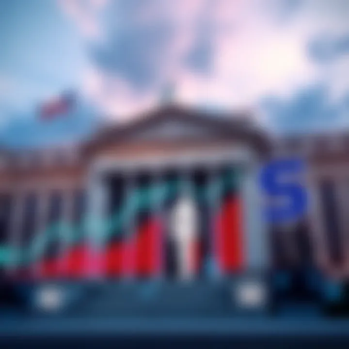 Federal Reserve building with financial charts showing upward trends and the S&P 500 logo