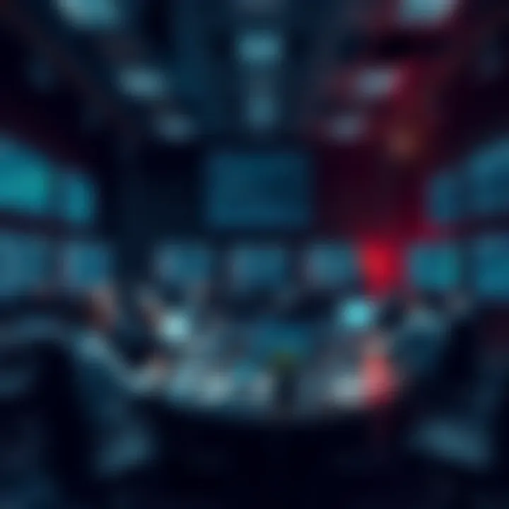 A meeting room filled with financial analysts discussing Federal Reserve rate changes, with charts and graphs on display.