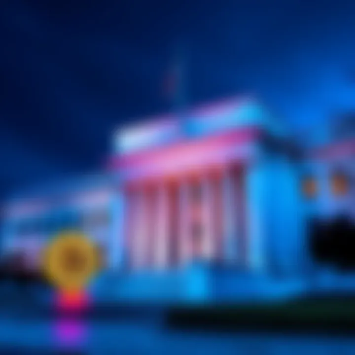 Symbolic image of the Federal Reserve building with a Bitcoin logo beside it, representing the discussion of government money and cryptocurrency.