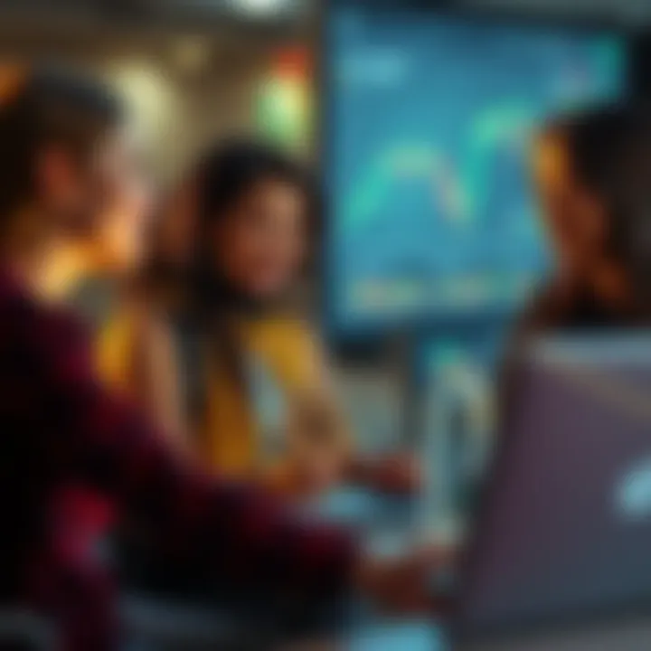 A group of female influencers talking about Bitcoin trends, surrounded by charts and laptops