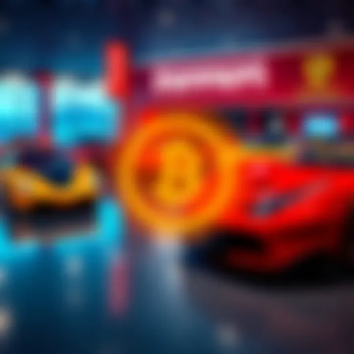 Ferrari Cryptocurrency Payment A Ferrari dealership showcasing luxury cars with a digital payment symbol representing cryptocurrency