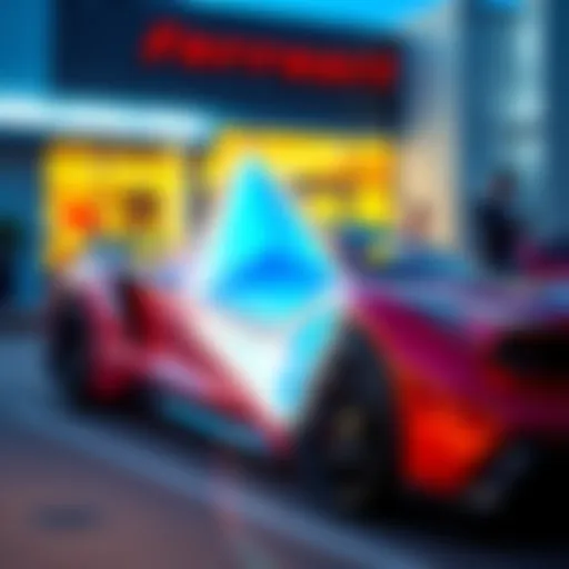 A Ferrari car parked outside a luxury dealership with a digital Ethereum logo in the foreground, symbolizing the acceptance of cryptocurrency payments