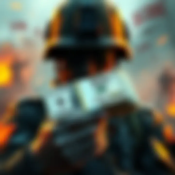 A soldier holding a stack of cash with currency symbols and war imagery in the background