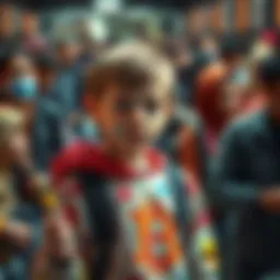 A young boy with vibrant crayon drawings, representing Fibonacci patterns, expressing caution to a crowd of Bitcoin traders