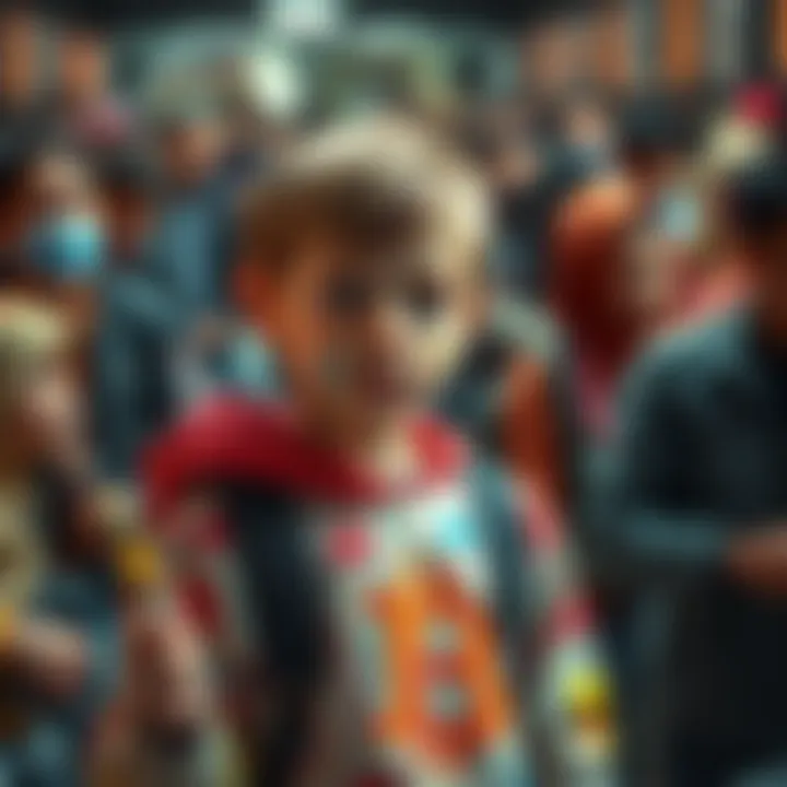 A young boy with vibrant crayon drawings, representing Fibonacci patterns, expressing caution to a crowd of Bitcoin traders