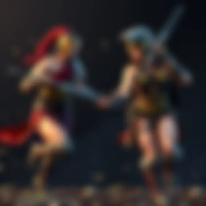 Two characters representing Fighters and Gladiators, engaged in a battle scene against a dark background, showcasing their struggle and determination.