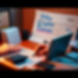 A person sitting at a desk with a laptop, reviewing financial documents related to cryptocurrency taxes, surrounded by tax forms and a calculator.