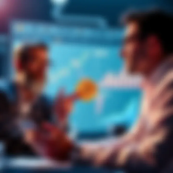 A financial advisor discussing Bitcoin investment with a client, showcasing charts and graphs related to cryptocurrency.