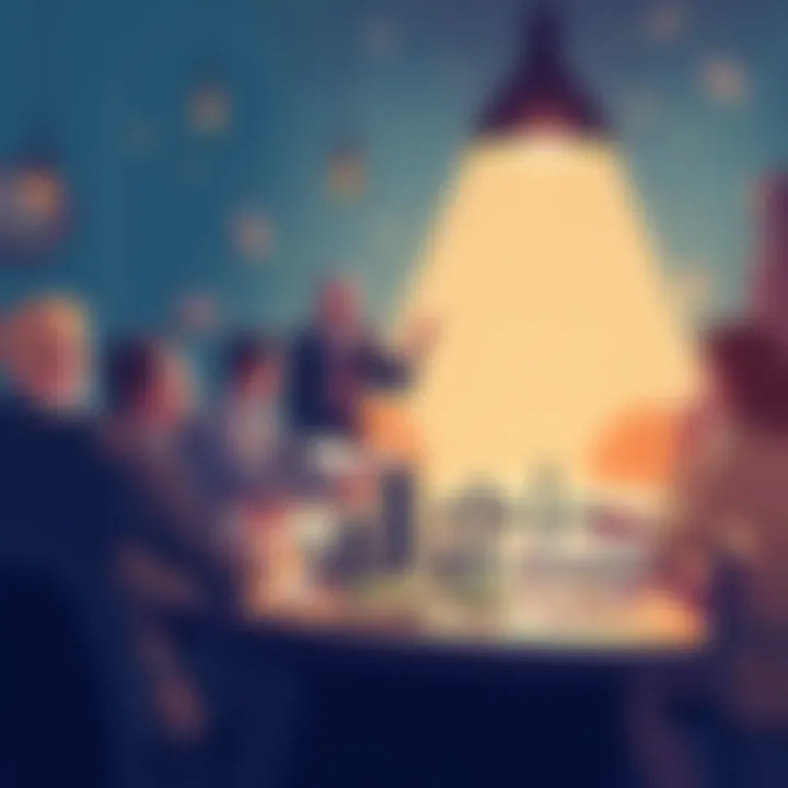 An illustration showing people discussing financial success and challenges around a table with charts and money