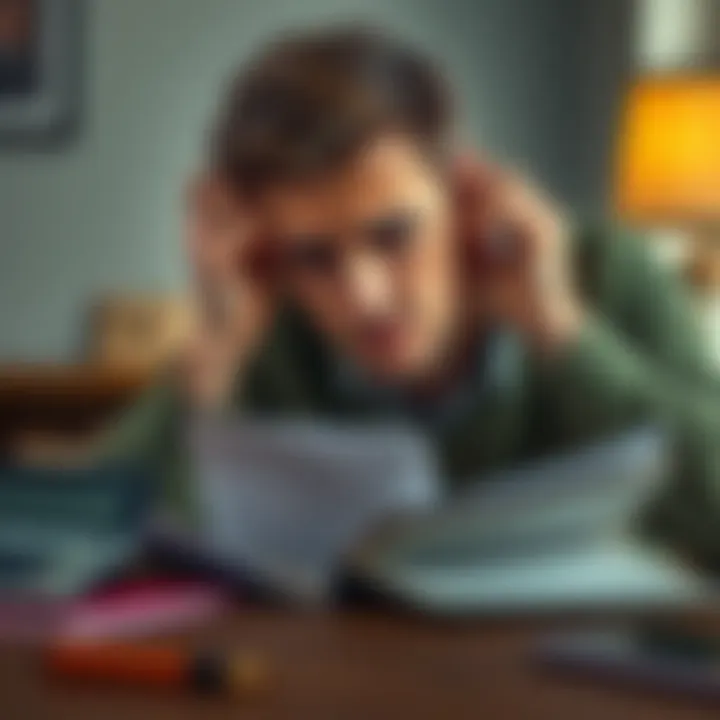 A worried person looking at their bills with a calculator and a guidance book nearby, illustrating the consequences of poor financial advice.