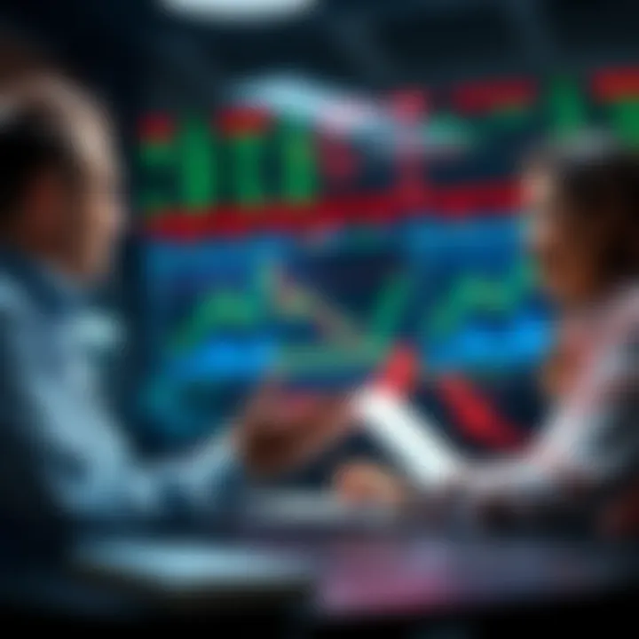 A group of coworkers discussing financial market trends with charts and graphs in the background