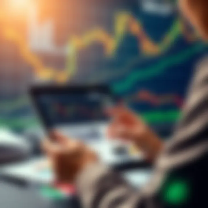 A person reading financial news on a tablet, surrounded by stock charts and financial reports.