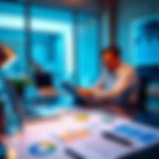 A person sitting at a desk with a laptop, reviewing financial documents and planning tax strategies with charts and graphs nearby.