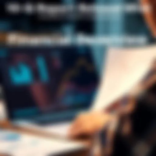 A person reviewing a financial report with graphs and charts in front of a laptop