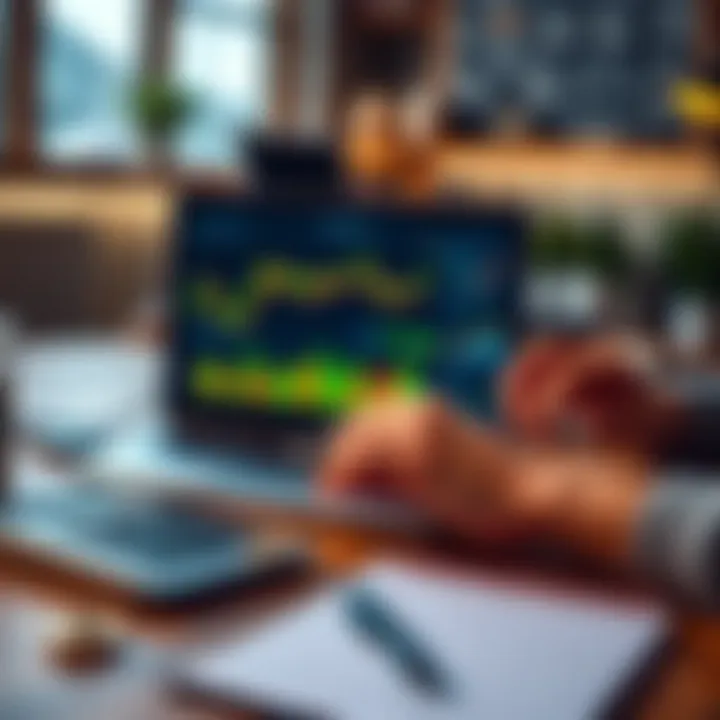 A person examining a laptop displaying financial graphs and income tracking tools. A calculator and notepad are on the table.