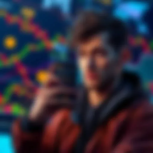 A new crypto enthusiast holding a smartphone displaying Bitcoin on the screen, looking thoughtful while surrounded by charts and graphs representing market trends.