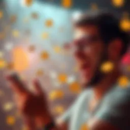A person excitedly making their first Bitcoin purchase on a smartphone, surrounded by digital currency symbols and a positive atmosphere.