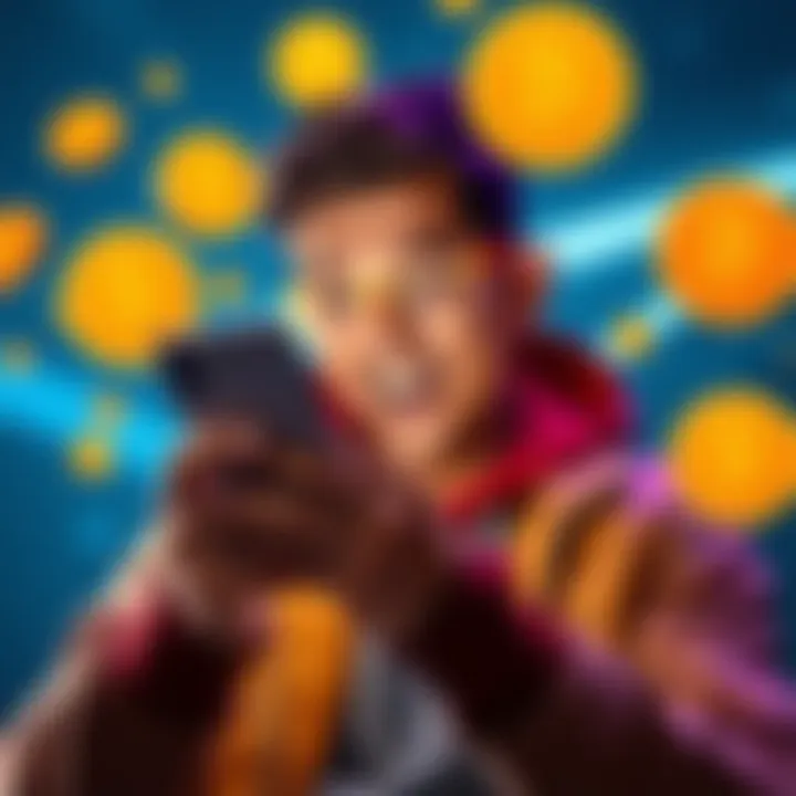 A person excitedly checks their phone, seeing the confirmation of their first Bitcoin transaction, surrounded by cryptocurrency symbols.