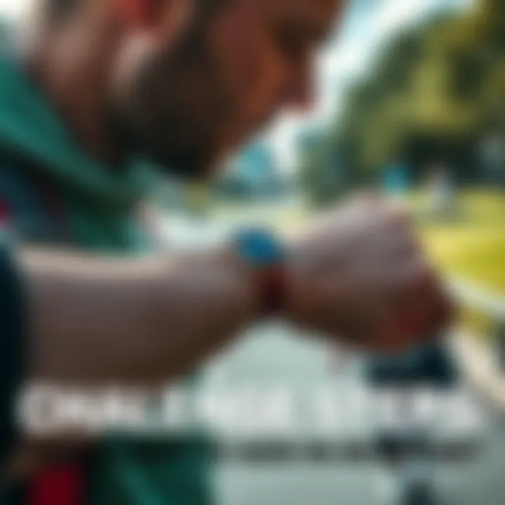 Close-up of a person examining their fitness tracker while walking outdoors, showing concern over step count accuracy.