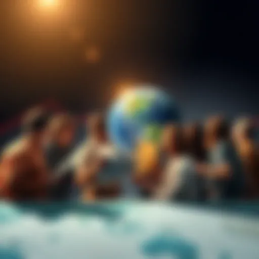 A group of people discussing flat Earth theories with maps and charts, looking puzzled about the edge of the world