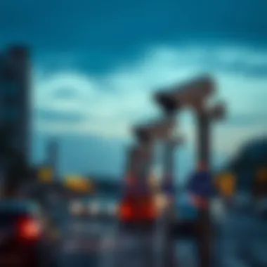 A row of Flock cameras mounted on poles in an urban setting, capturing vehicle movements, with a focus on surveillance technology.