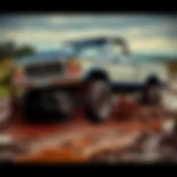 Ford truck in the mud A classic 70s Ford truck lifted high with large tires splashing through muddy terrain, showcasing its off-road power.