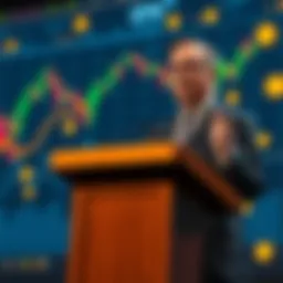 A business person speaking at a podium with a backdrop of financial charts and digital currency symbols, emphasizing the need for clear crypto rules for banks.