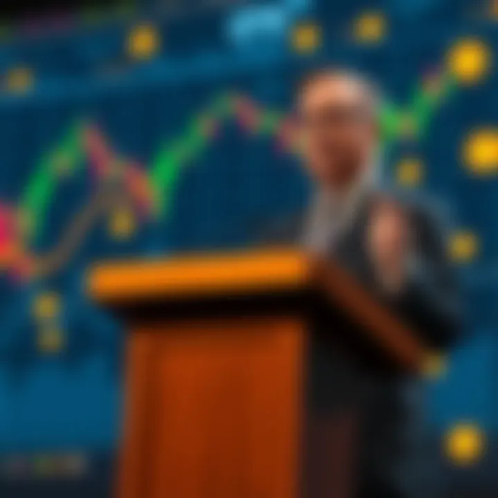 A business person speaking at a podium with a backdrop of financial charts and digital currency symbols, emphasizing the need for clear crypto rules for banks.