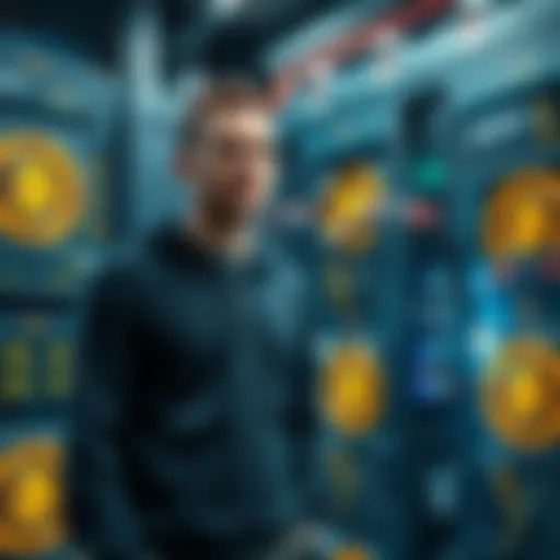 A person stands in front of Bitcoin mining equipment, showcasing their investment in cryptocurrency mining.