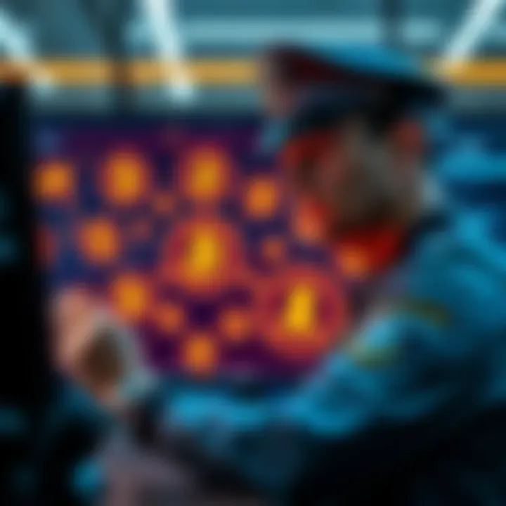 A police officer analyzing digital currency symbols on a screen while discussing security measures