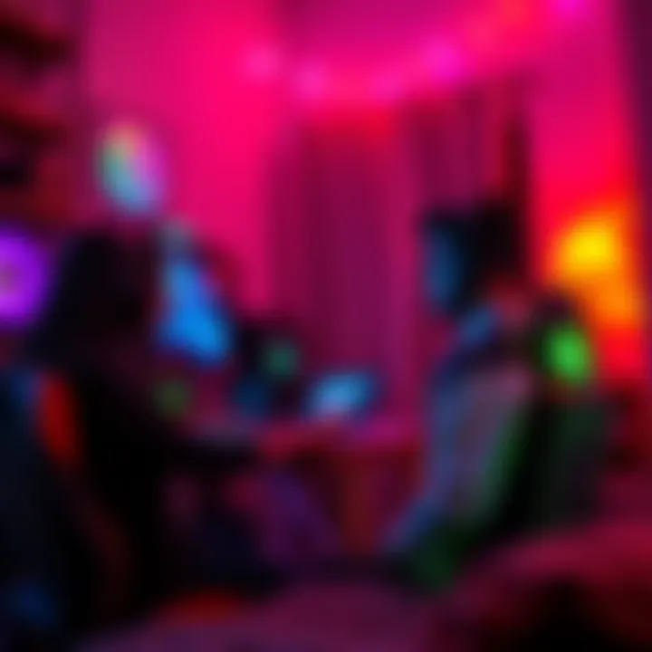 A person operating a high-powered gaming rig in a cozy apartment, benefiting from free electricity, with colorful RGB lights illuminating the room.