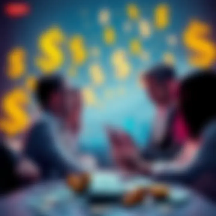A group of people discussing investment opportunities with dollar signs and assets in the background