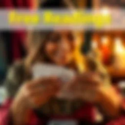 A person looking at tarot cards with a warm smile, inviting questions for free readings.