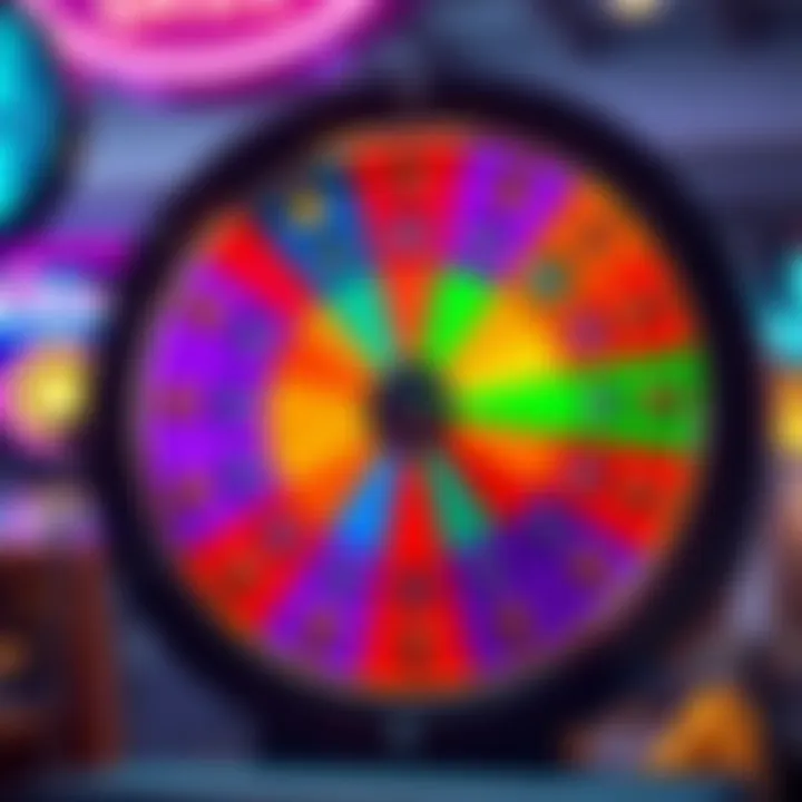 A colorful Free Spin Wheel showing various rewards and tokens, with bid tokens prominently displayed, suggesting excitement and uncertainty.