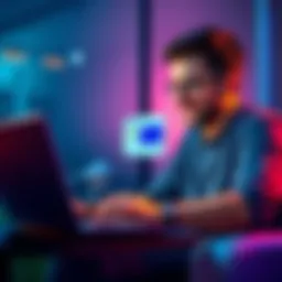 A freelancer happily looking at a payment notification on their laptop while a credit card and PayPal logo are displayed on the screen