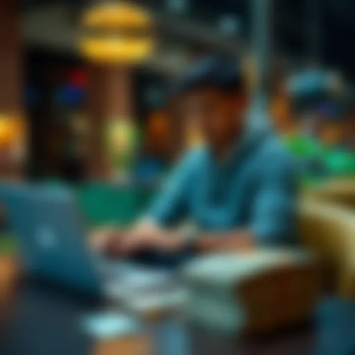 A young professional in Indonesia sitting at a café, working on a laptop with a stack of dollar bills next to him, symbolizing USD income opportunities and career choices