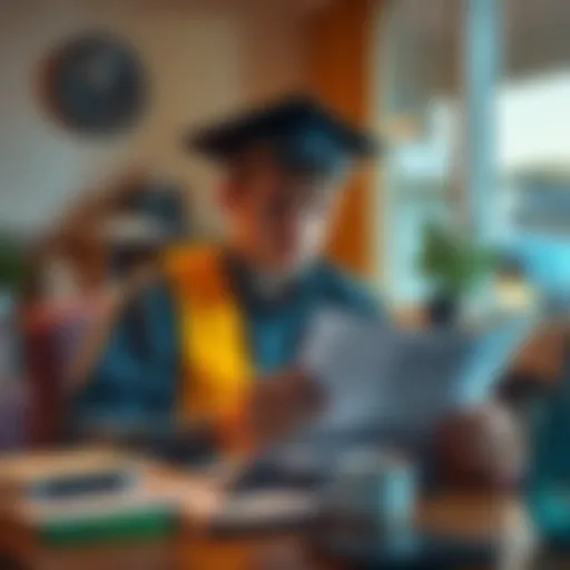Fresh graduate looking worried about finances A young graduate sitting at a desk, looking stressed while reviewing bills and financial documents, surrounded by family support notes